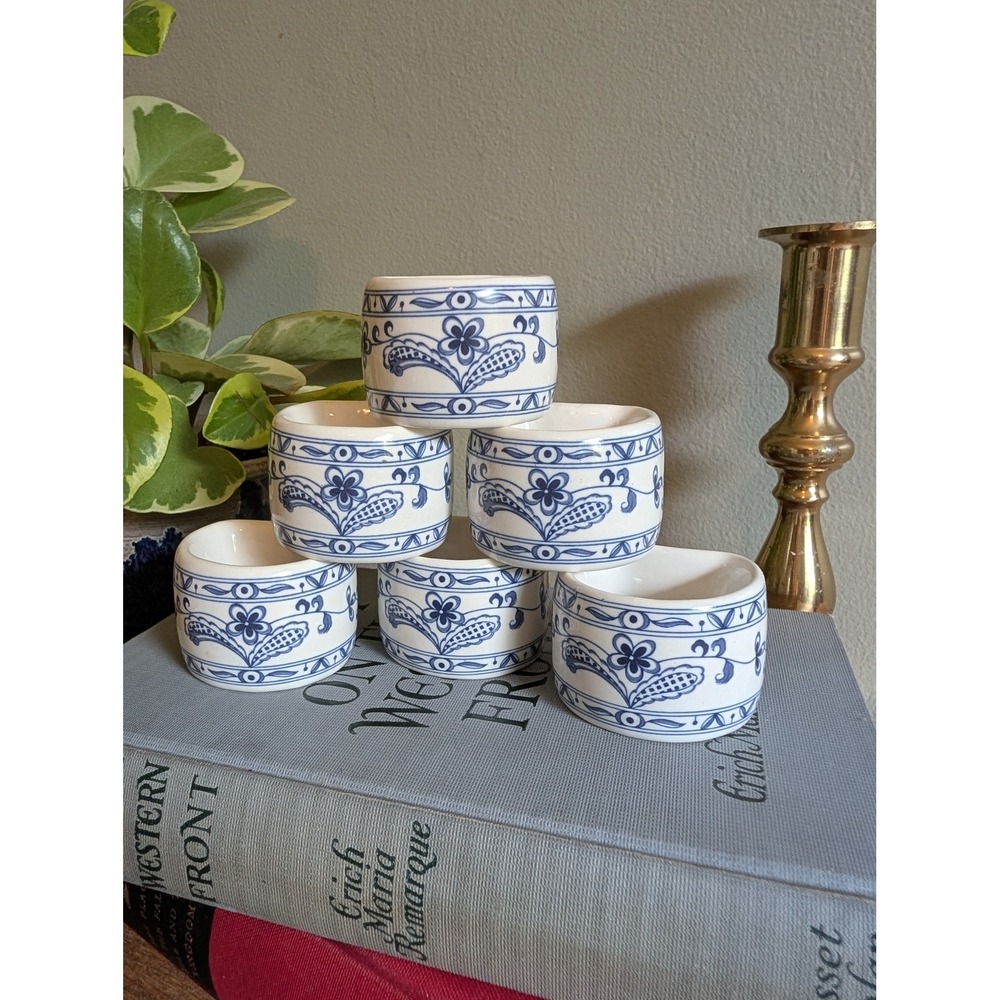 Vintage Blue and White Ceramic Napkin Rings Set of 6 Floral Japan Table Decor